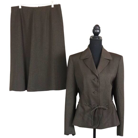 Le Suit Chocolate Brown Polka Dot Skirt Suit Corporate Tie Waist Belted 12 Y2K - Picture 1 of 9